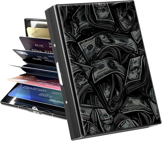 Metal Wallet for Women Men Girls, RFID Blocking Slim Aluminum Credit Card Holder, Mini Travel Wallet with Hard Shell, Lightweight ID & Business Card Case,Dollar Money Art