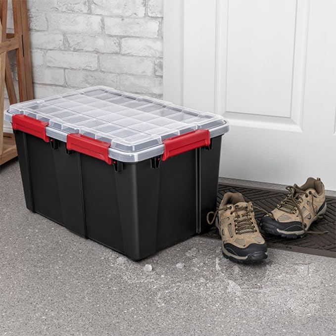 Sterilite 16 Pack Gasket Box, Stackable Plastic 13.5 Gallon Storage Container with Lids, Black - Waterproof and Dustproof Tote for Home Organization