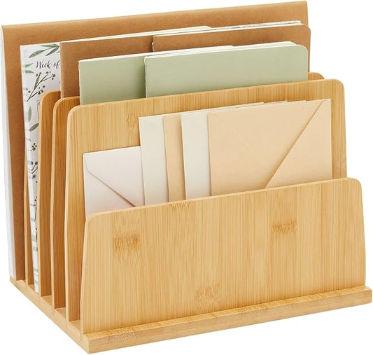 Bamboo Wooden Mail Holder, File Sorter for Letter and Folder Document Storage, Envelope Organizer with 5 Slots for Office Desk, Countertop, Home Organization (10x7 in)