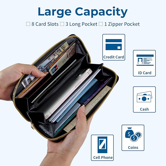 Wristlet Wallet for Women, RFID Blocking Phone Wallet, Large Capacity Zip Around Clutch, Fits iPhone 15 Pro Max, Travel Organizer Purse