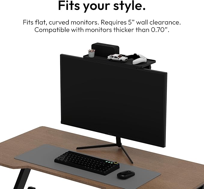 Pixio 12 inch Black Monitor Storage Top Shelf - Adjustable Platform, Universal Fit, Holds Up to 13lbs, Works on TV, Flat, Curved Monitors, Storage for Webcams, Clocks, Phone, Figures