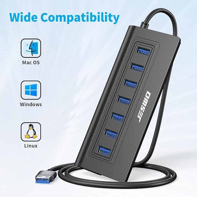 USB Hub 3.0, JESWO Aluminum 7 Port USB 3.0 Hub with 3.3Ft Cable, USB Splitter with 7-USB3.0 Data Ports Compatible with MacBook, Laptop,Surface Pro, PS5, PC and More (No Power Adapter Included)