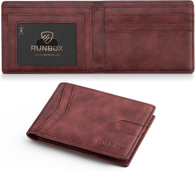 RUNBOX Wallet for Men Slim Leather Bifold RFID Blocking Minimalist Front Pocket Design with Gift Box