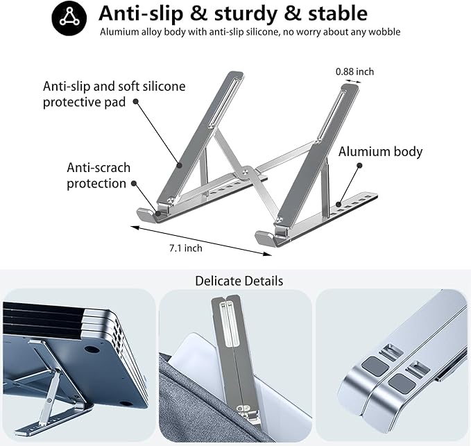 Portable Laptop Stand BEIFOER Foldable Laptop Stands for Desk, Adjustable Aluminum+Silicone Ergonomic Travel Laptop Riser, Ventilated Cooling MacBook Stand for All 10-18'' Notebook, Sliver