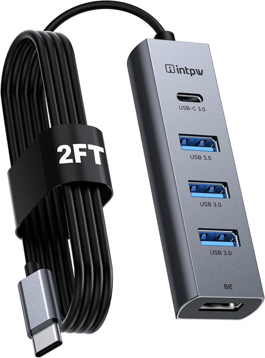 5-Port USB C Hub, intpw USB C to USB Adapter with 1 USB-C/3 USB-A 3.0 Data Ports, 5Gbps Aluminum Multiport USB-C Hub Adapter Long Cable for Laptop, MacBook, iPad, PC(2 FT)