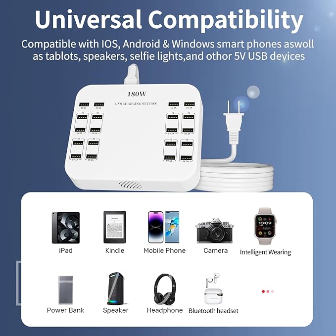 USB Charger Station 20 Ports, 180W Desktop Multi Port Charging Hub,20 Ports USB Charger for Multi Devices Compatible with iPhone/Huawei/LG/Google Pixel/Tablet/Other Devices