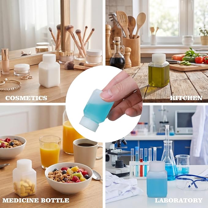 DEMORA 1oz Small Square Plastic Travel Bottles, Reusable Leak Proof Liquid Containers with Caps and Stickers for Pill, Water, Juice（Translucent, 12 Pcs）