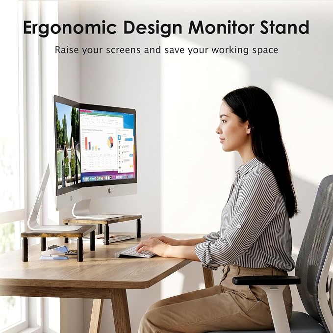 ECOLOVI Adjustable Wood Computer Monitor Stand Riser, Office Desk Organizer and Accessories for Monitor, Laptop, PC, Printer, Office Desk Accessories Workspace Organizer for Home Office Supplies, Brown