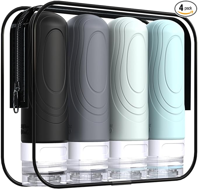 GLAMFIELDS Travel Bottles for Toiletries, TSA Approved 3oz Size Leak Proof Silicone Containers for Shampoo, Conditioner,Easy to Squeeze and Portable, Essentials for Traveling (4 Pack) Grey