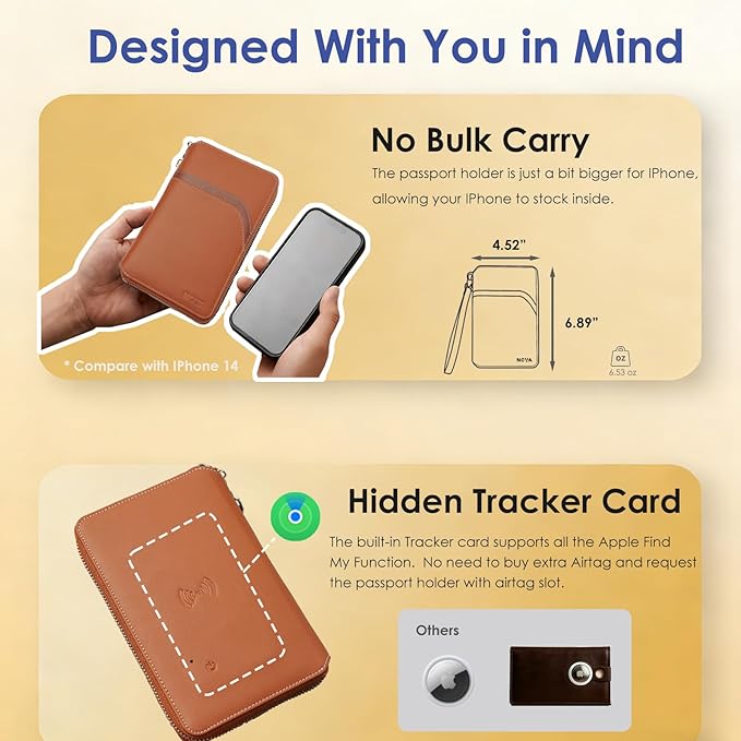 Nova RFID Blocking Passport Holder w/Hidden AirTag Trackable Card, Women Passport Wallet For Travel, Large Organzier For 2 Passports,Cash w/zipper & Wrist Lanyard
