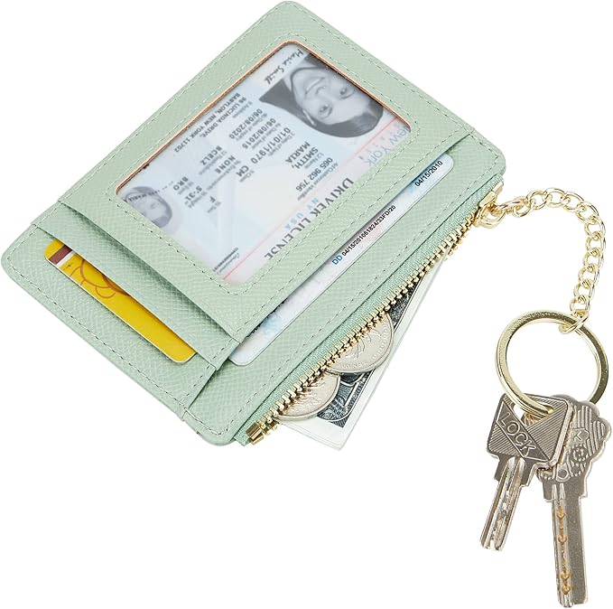 Women's Slim Minimalist Card Holder Coin Changes Purse Keychain Front Pocket Wallet With ID Window