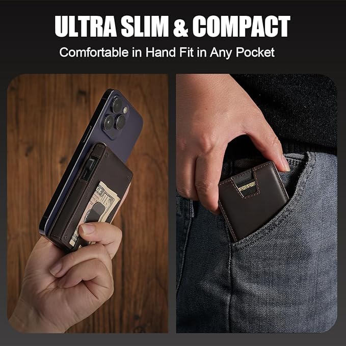 Wallet for Men，Slim Minimalist Smart Wallet for Men With Money Clip Genuine Leather Card Holder RFID Blocking Metal Aluminum Pop Up Card Wallet with ID Window Gift