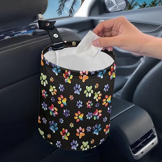 Colorful Paws Car Rubbish Bag Can Reusable Hanging Auto Garbage Organization Can Bin with Adjustable Strap for Camping