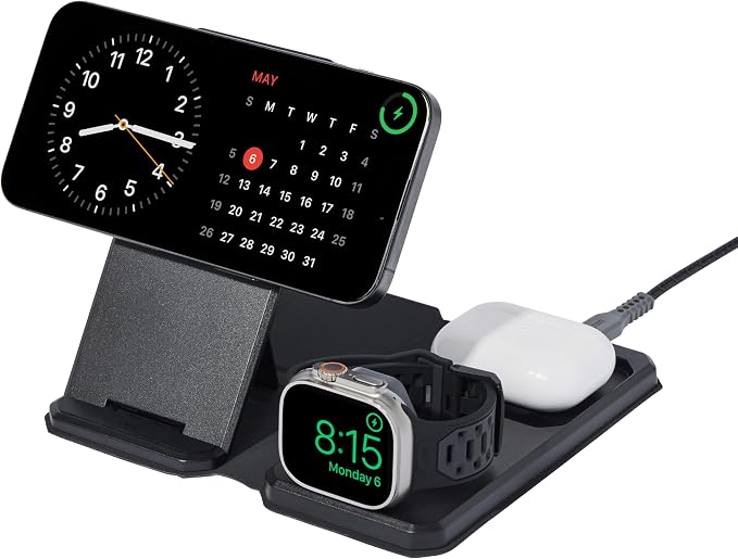 UAG SRGE 3-in-1 Travel Desktop Charger 15W Foldable Wireless Charging Station Compatible with MagSafe for iPhone 15, AirPods, Apple Watch, Black/Gray (25W USB-C PD Charger & Global Adapter Included)
