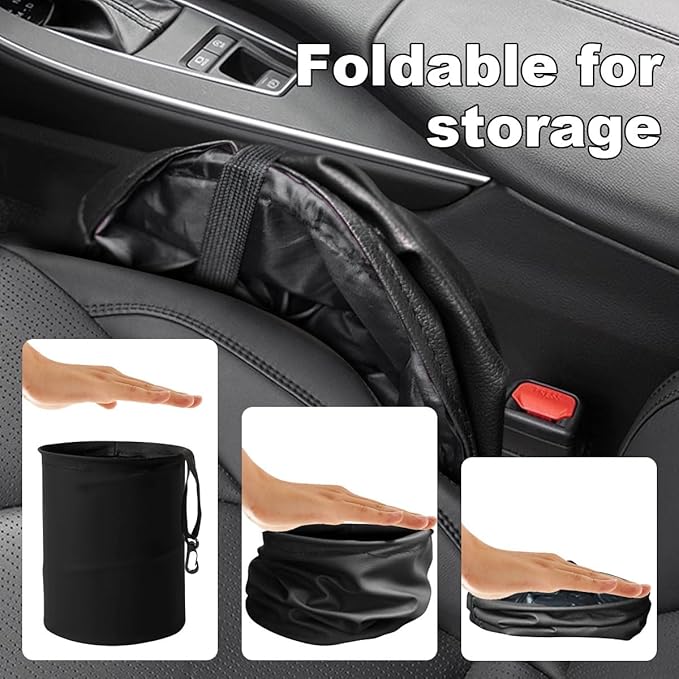 Collapsible Trash Can Car Garbage Bag - Leather Pop-up Car Trash Bin with Elastic Band - Hanging Foldable Garbage Can Vehicle Waste Basket Bin - Double-Layer Washable Bag for Cars Camping (Black)