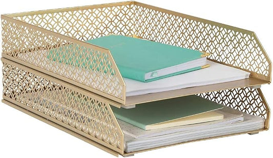 BLU MONACO | Paper Tray Stackable Gold Set of 2 | Stackable File Trays for Desk Organization | Tiered Desk Organizer with Metal Letter Trays