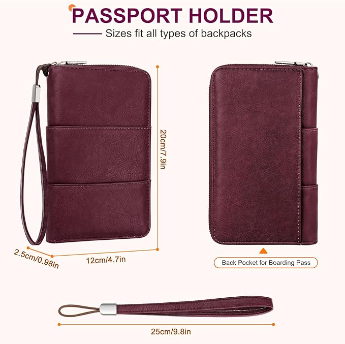 Family Passport Holder Wallet with Zipper, RFID Blocking Travel Document Organizer, PU Leather Passport Wallet for Women Men, Passport Cover Travel Wallet for Boarding Pass, ID, Money, Ticket