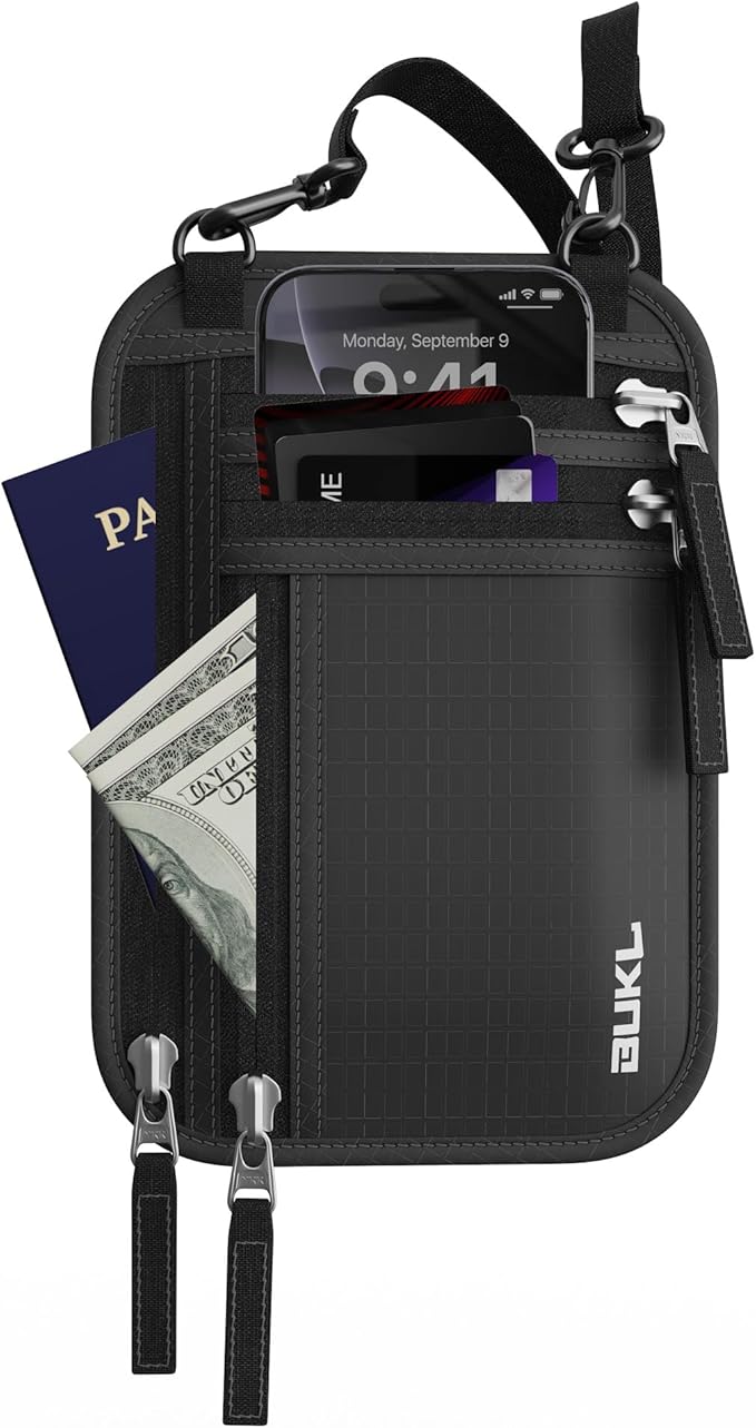 Navigator Travel Neck Wallet; RFID Blocking Pouch and Passport Holder for Travel with Neck and Waist Carry Modes; Travel Document Holder for Passports, Cards, Cash and Mid-Size Phones (Black)