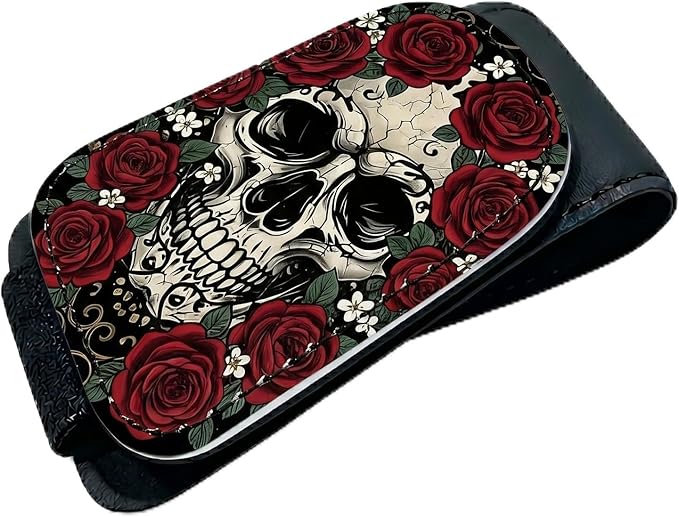 Rose and Skull Car Sunglasses Holder Magnetic Leather Glasses Clip for Sun Visor Gothic Skull Cars Accessories Eyeglass Hanger Organizer Universal Visor Clip for Women and Men Gifts Decor