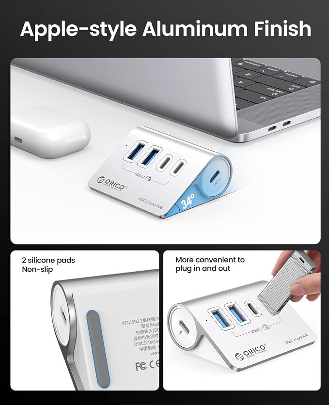 ORICO 4-Port USB 3.2 Gen2 Hub, Desktop USB 3.2 Hub with 2 USB-A, 2 USB-C, 5V 3A Power Supply Port, 10Gbps Aluminium USB-Splitter with 1.64Ft USB-C to USB-A/C Cable for iMac, MacBooks, Mac mini