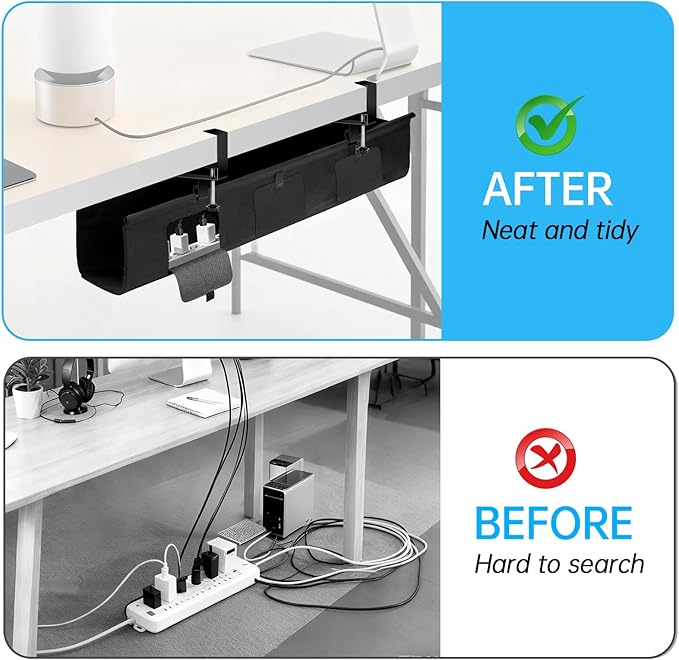 Under Desk Cable Management Tray No Drill, 36" Clamp Mount Under Desk Cord Organizer for Standing Desk Cable Management, Fabric Cord Organizer Fabric for Office Home, Black