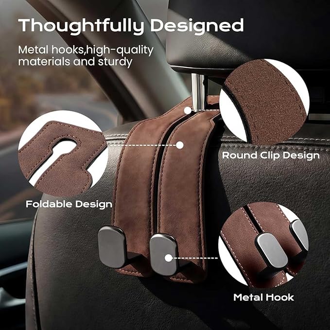 Premium Suede Double Car Headrest Hooks 2 Pack Seat Back Organizer Purse Holder Heavy Duty Metal Auto Interior Storage Clip for Bags(Black)