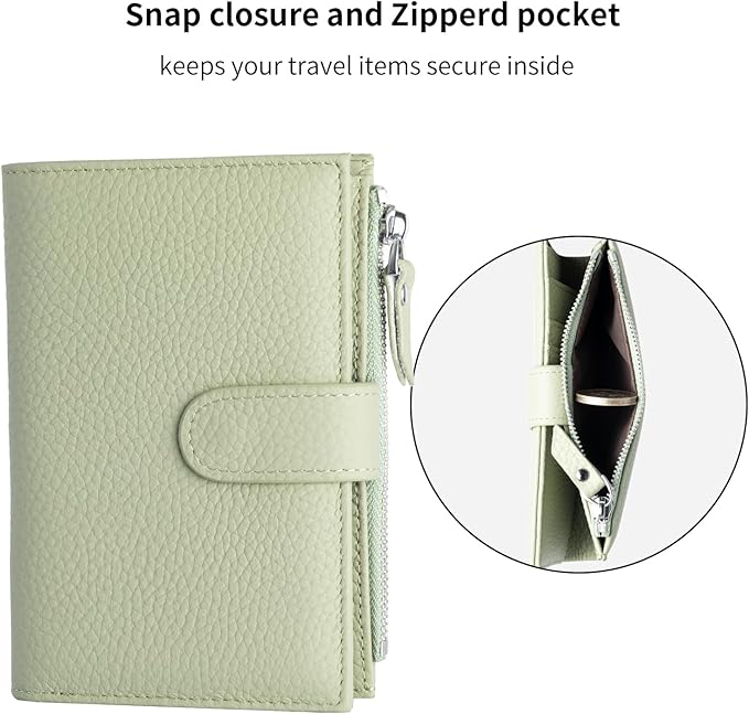 Passport wallet and Card Slot Combo RFID Blocking Slim Leather Travel Passport Wallet for Men and Women with Zippered Coins Pocket Passport holder, Light Green