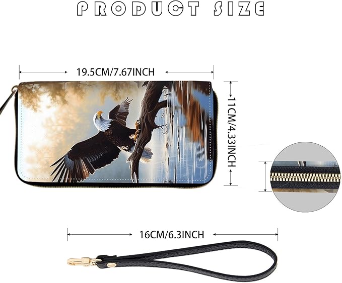 Women's RFID Blocking Zip Around Wallet with Detachable Wrist Strap, Large Capacity Credit Card Holder Organizer for Everyday Use,Bald Eagle