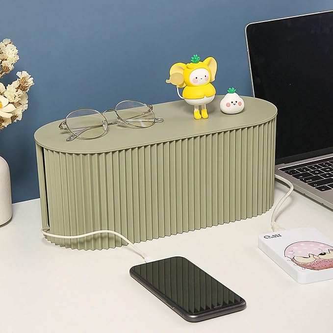 Large Capacity Cable Management Box Anti-Scratch Cable Organizer Desk Gift Box Easy Clean ABS (Greyish Green Large Size)