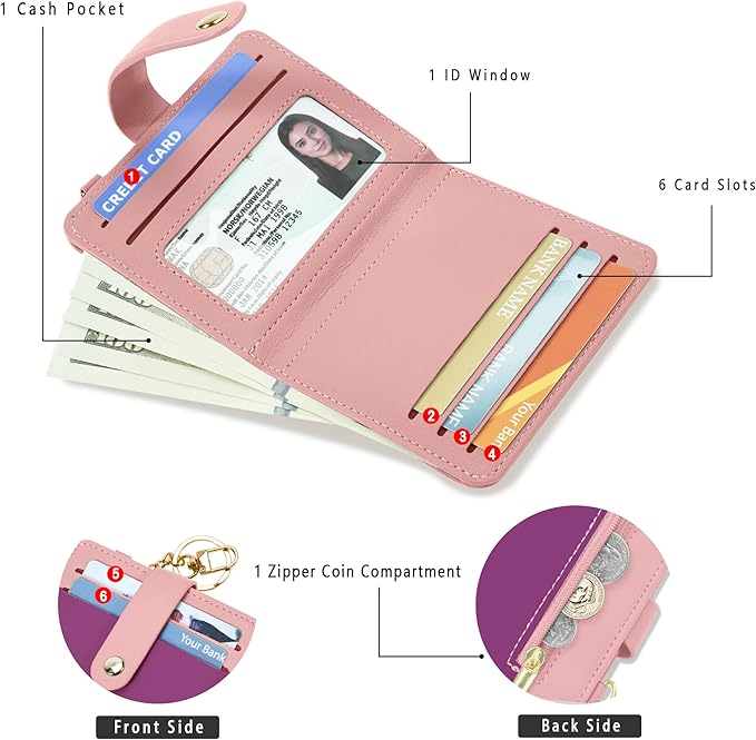 Airkit Small Wallets Woman RFID Blocking Leather Credit Card Holder - with ID Window - Card Wallets for Women - with Zipper Coin Purse - Keychain Wallet
