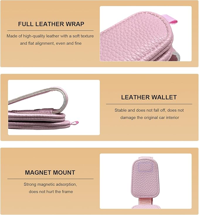 2 PCS Sunglasses Holders for Car Visor, Magnetic Leather Eyeglasses Hanger Mounter Ticket Card Clip, Auto Sun Visor Glasses Holder Business Card Organizer for Men Women (Pink)