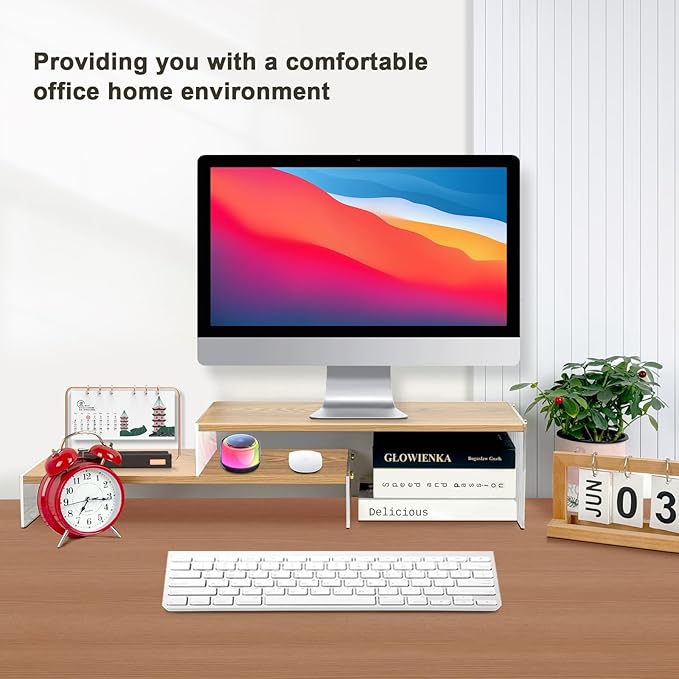 YGYQZ Adjustable Monitor Stand Riser with Acrylic Legs丨19.3" Length Dual Monitor Stand for Desk丨2-Tier Wood Desktop Organizer for Computer, Laptop, Printer & PC丨Modern Aesthetic Desk Shelf(wood-wavy)