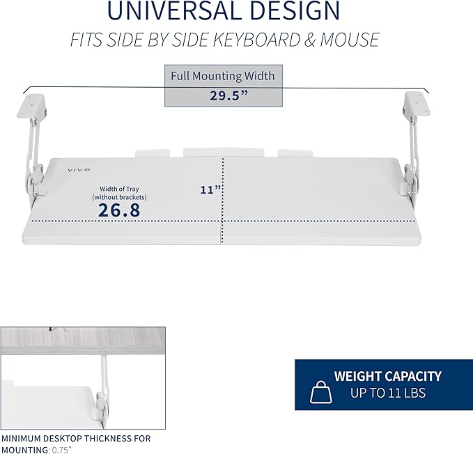 VIVO Large Under Desk 27 x 11 inch Computer Keyboard and Mouse Tray with Swinging Height Adjustment, 12 Settings, Platform Drawer for Typing, White, MOUNT-KB08SW