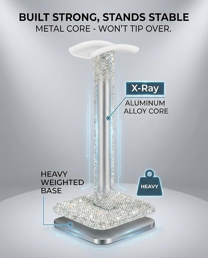 Silver Rhinestone Headphone Stand – Bling Crystal Headset Holder for Y2K Gaming Desk Setup – Sturdy Weighted Metal Base with Soft TPU Rest – Sparkly Luxury Gift for Women & Teen Girls (Silver)