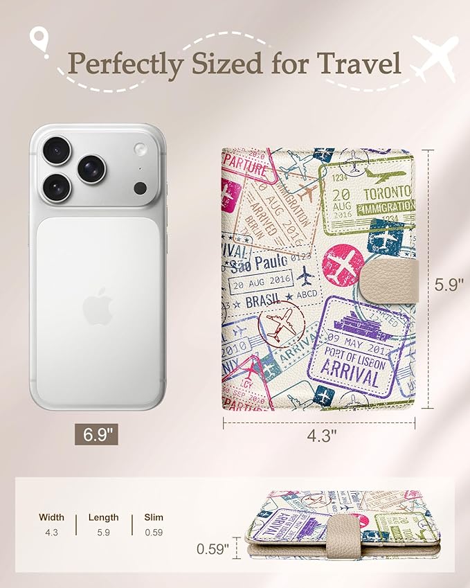 Slohif Passport Wallet Holder Cover for Travel - Women Men RFID Blocking Passport Book Case Protector, Cream Stamp Airplane Leather Personalized Organizer Slim Carrier Boarding Pass Cards Slots