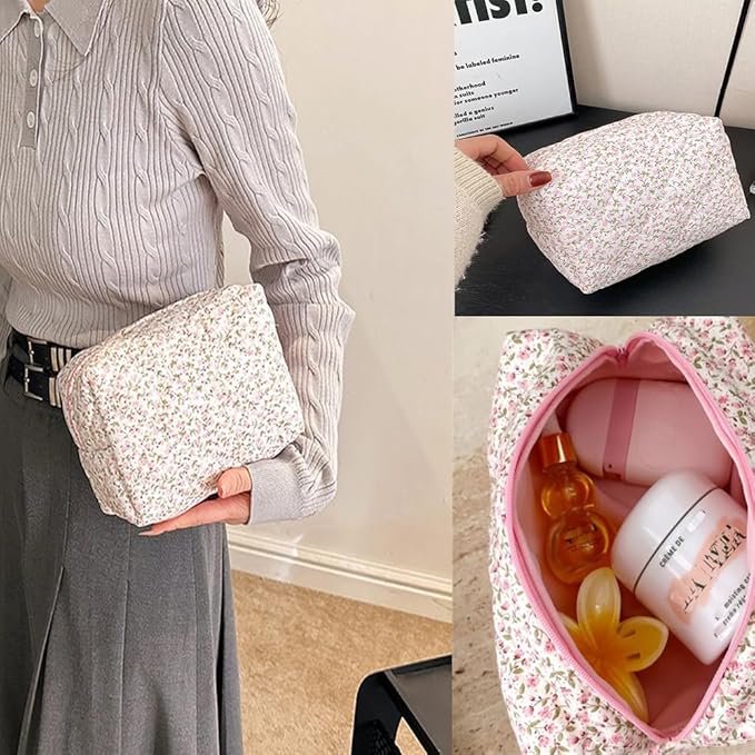 FITINI Makeup Bag Travel Large Portable Quilted Floral Print Cosmetic Organizer Cute Pouch for Women Soft Cotton Zipper Waterproof Toiletry Storage Bags