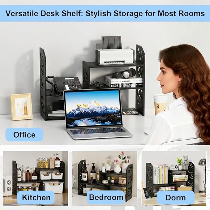 YGYQZ Desk Shelves Desktop Orgnizer Shelf-Black Office Organization for Top of Adjustable Desk Organizers and Corner Bookshelf Table Top Shelving Small Hutch Decorations for Women Office