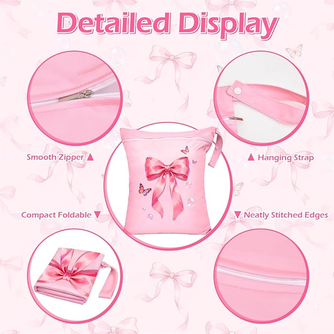 2 Pcs Large Travel Laundry Bags Waterproof Wet Dry Bag, Washable Dirty Clothes Bags for Travel，Drawstring, Bathing Suit, Workout, Gym Clothes Laundry, Swimming Pool & College Dorm, Pink Butterfly Bow