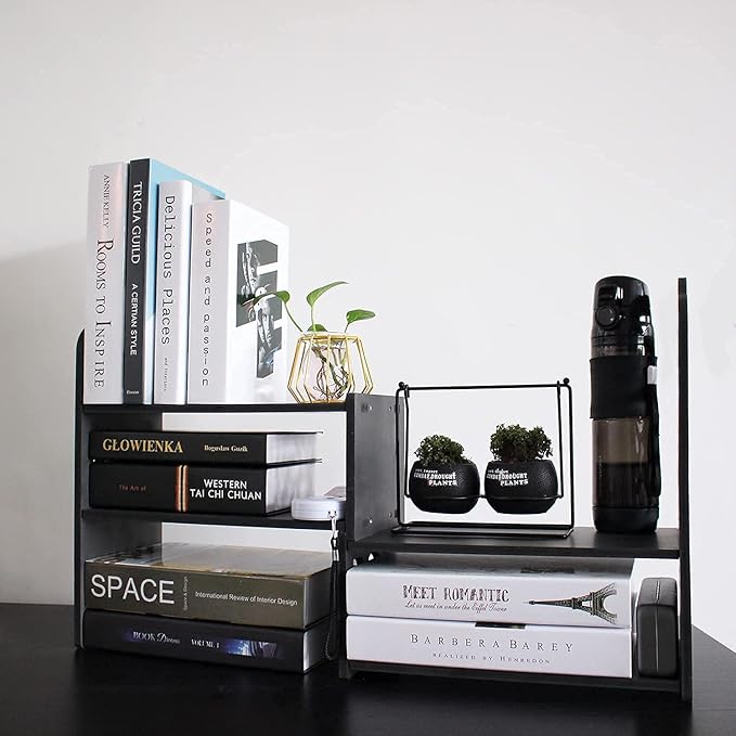 YGYQZ Adjustable PVC Desktop Organizer Storage Rack - Black Desk Shelf for Office, Women, Dormitory & Home Decor