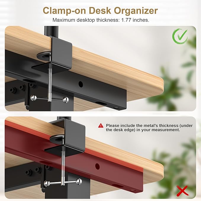 3-Tier Clamp On Desk Shelf with Cup Holder, Rotatable Height Adjustable Over or Under Desk Storage Shelves, Heavy Duty Desktop Organizer for Office Dorm Room Gaming Kitchen