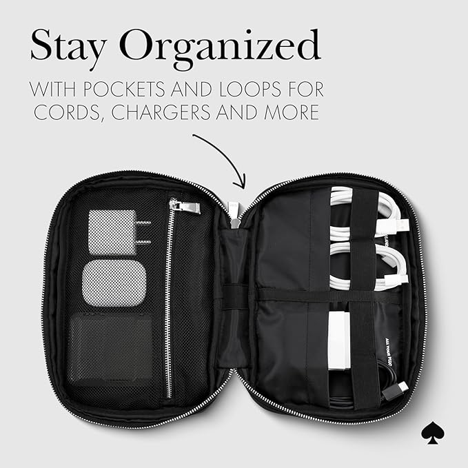 kate spade new york Nylon Tech Organizer Pouch - Electronics Cable Cord Organizer, Travel Case for Chargers, Power Bank, AirPods, and Accessories - Signature Black