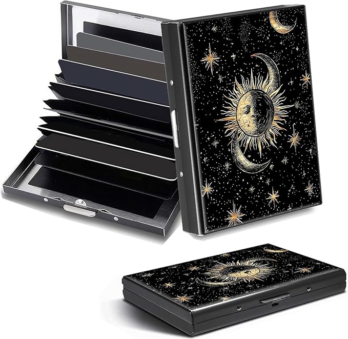 Credit Card Holder, Art Sun Moon Star Design Mini RFID Blocking Aluminum Wallet Slim Metal Hard Case Shell Travel Wallet ID Case Small Credit Cards Case Business Cards for Women Men Girls