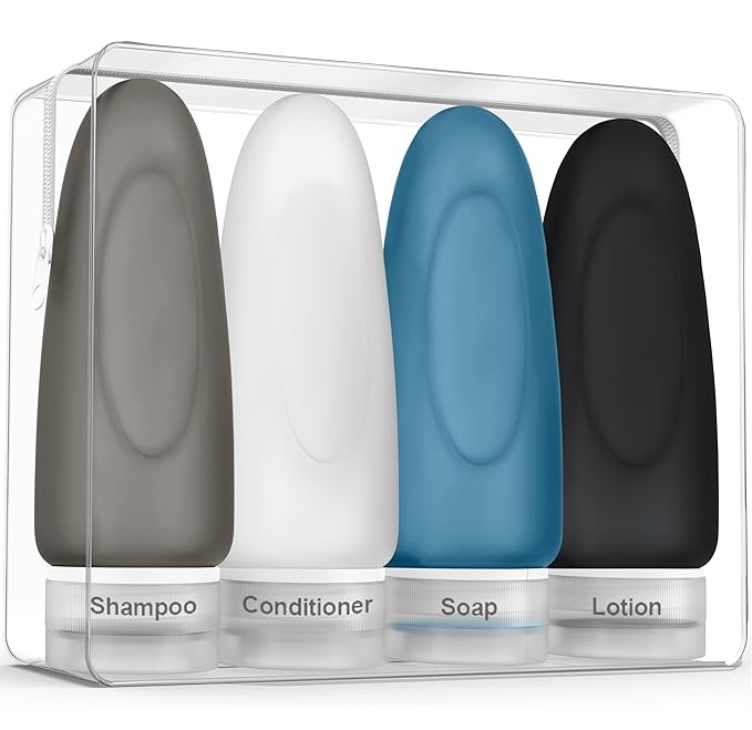 Dot&Dot Leak Proof Travel Bottles - Tubes for Liquid TSA Approved 3oz Silicone Toiletries Travel Shampoo & Conditioner Containers with Labels