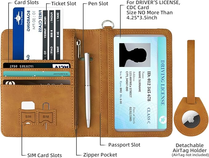 WALNEW AirTag Passport Holder and Vaccine Card Holder Combo, RFID Blocking Travel Passport Wallet with Vaccine Card Protector Slot and Airtag Protective Case(Brown)