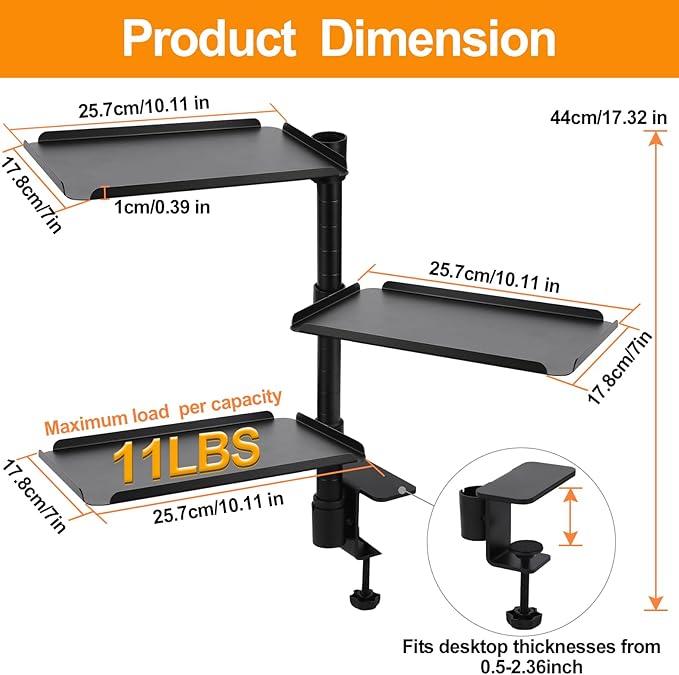 3 Tier Clamp On Desk Shelf,360° Rotatable Adjustable Above or Under Desktop Organizer,Carbon Steel Storage Tray for Home Office and Gaming Accessories（Black）
