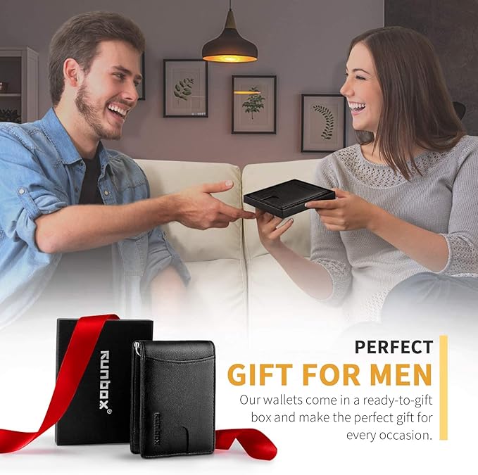 RUNBOX Slim Wallet for Men Genuine Leather RFID Blocking Bifold Minimalist Front Pocket Mens Wallet with Money Clip Thin Gift Box