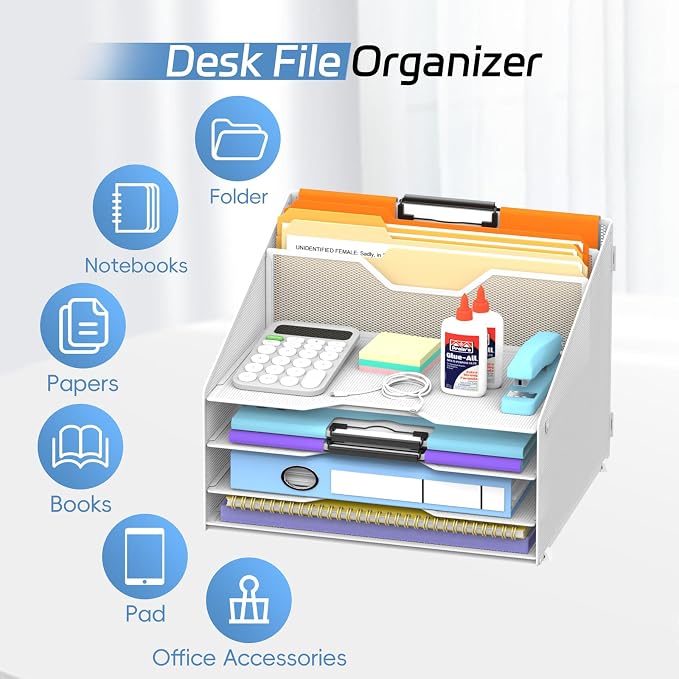 Desk File Organizer, 4 Letter Trays and 2 Upright Sections, White | Paper organizer for desk with tiered letter trays and upright file sections for home office, school and workspace use