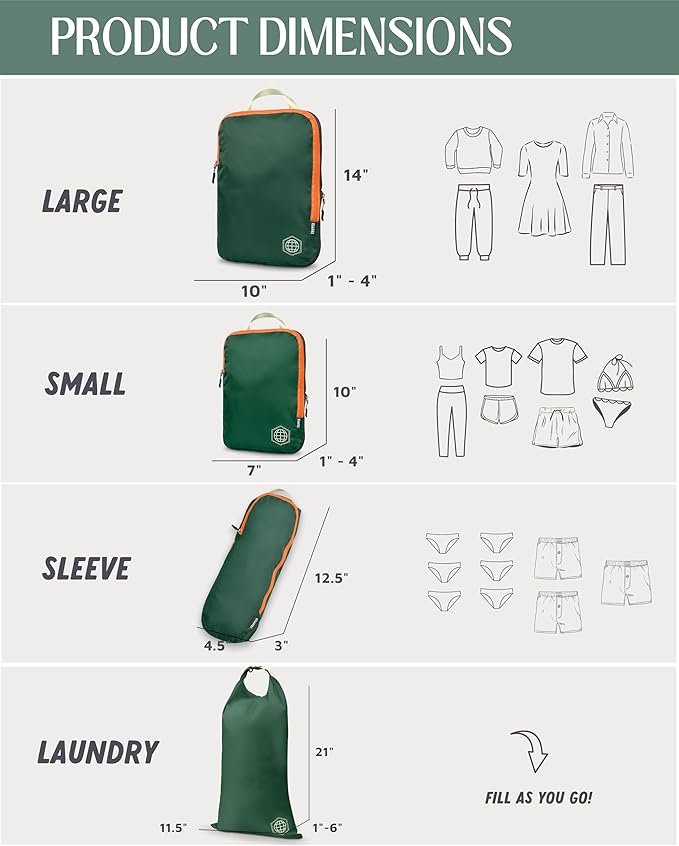 Compression Packing Cubes for Travel, 6-Piece Lightweight Packing Cubes Set for Carry-On Luggage & Backpacks – TRIPPED Travel Gear (Green and Orange)
