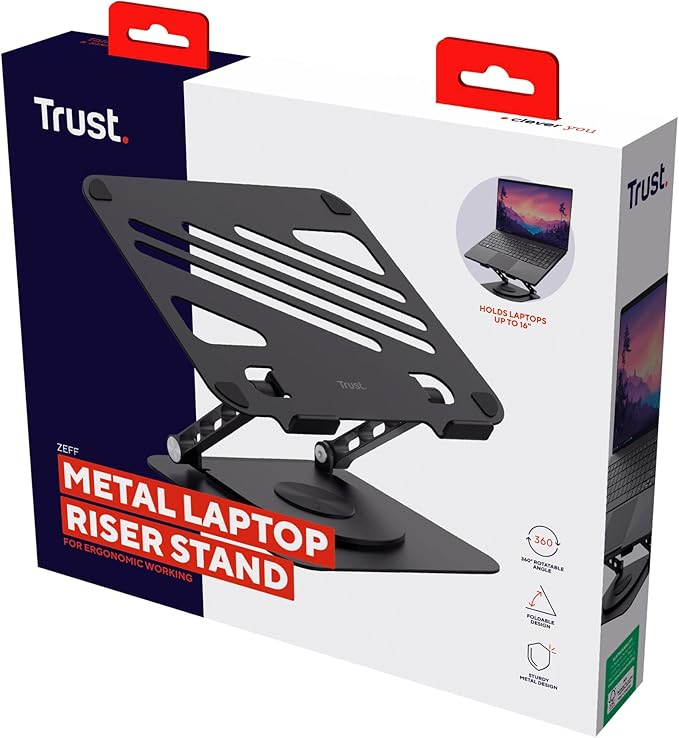 Trust Zeff Ergonomic Laptop Stand for Desk with 360 Degrees Rotation, 16" Foldable Metal Laptop Riser, Height Adjustable, Laptop Holder for MacBook Tablet Dell HP Computer Home Office - Black