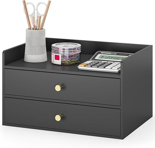 Bamboo Desk Organizer - Stackable, No Assembly Required, Ideal for Office/Home Use - Perfect for Toiletries, Stationery, Accessories. (Black, Two level drawer box with sides)